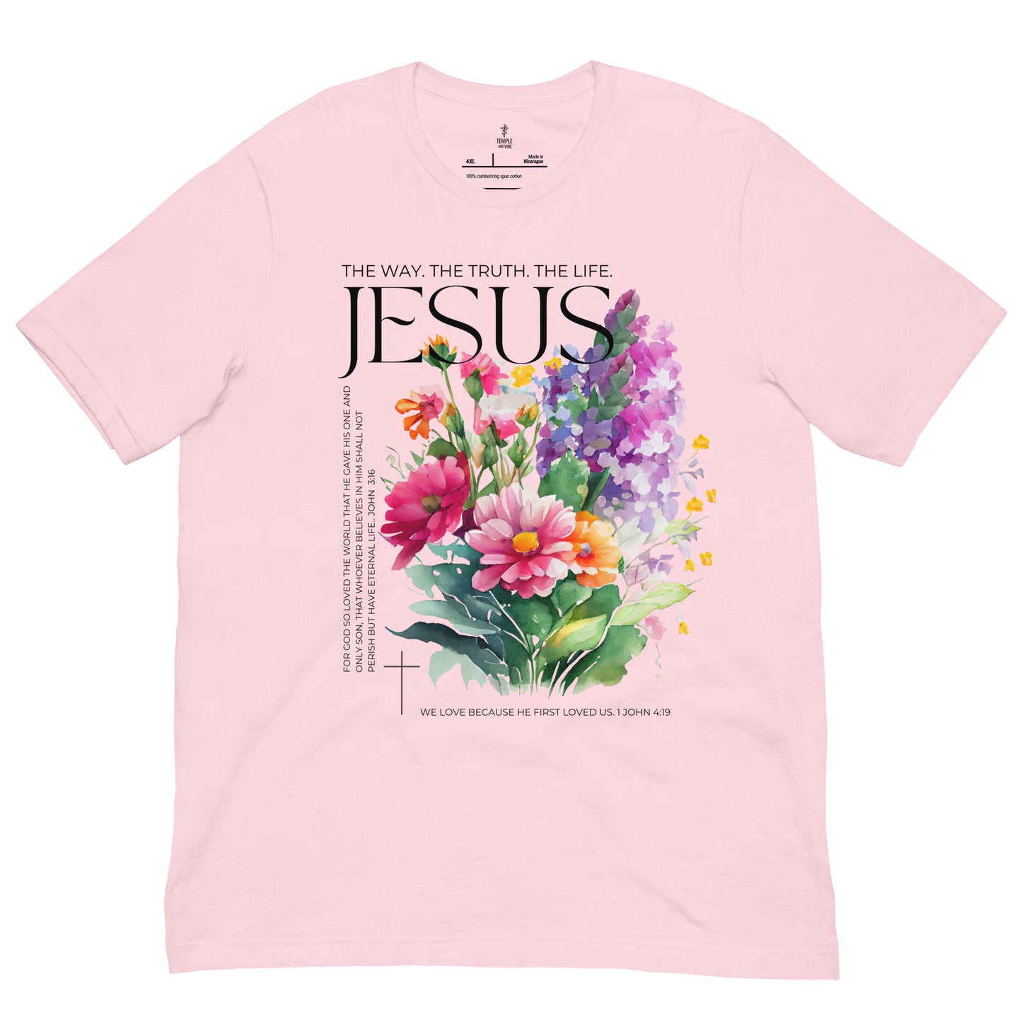 " the way. the truth. the life." christian t shirts. front view, soft pink