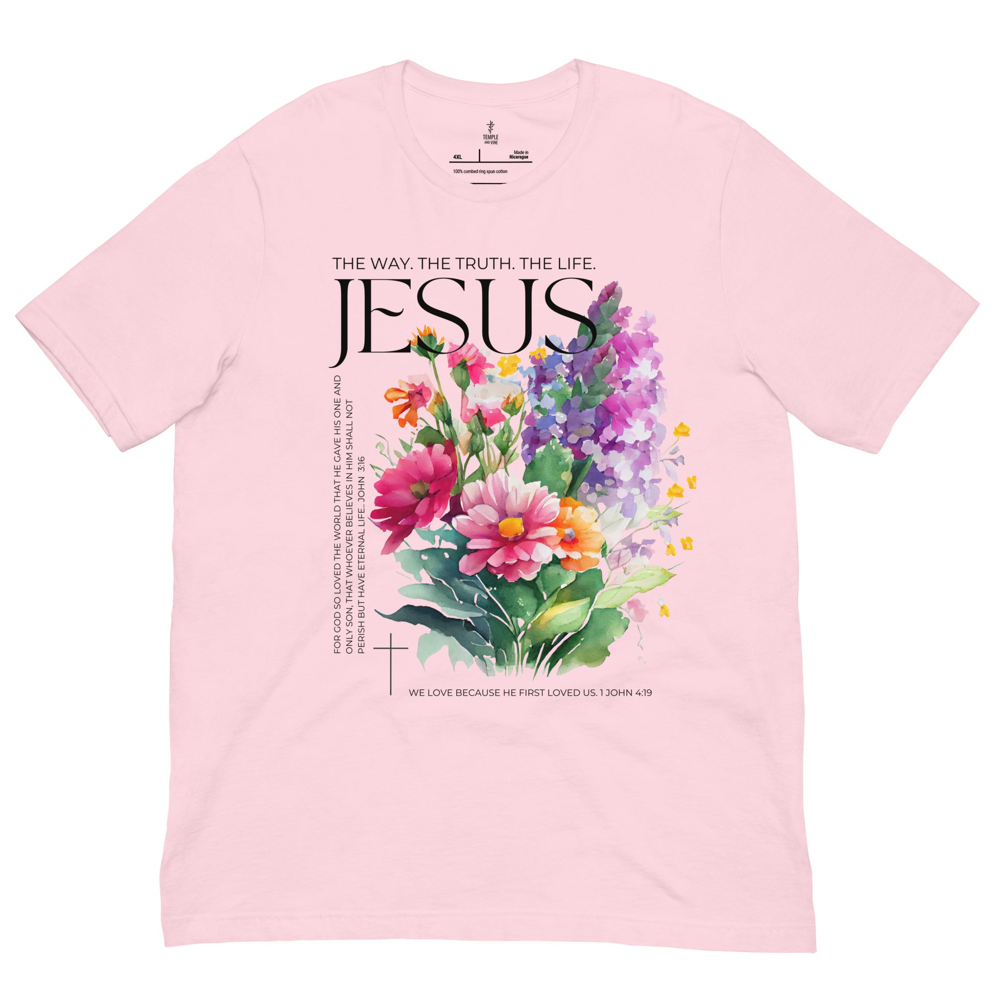 " The way. The Truth. The Life." Christian t shirts. front view, soft pink