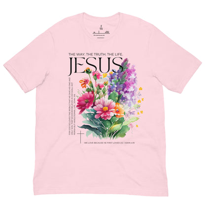 " The way. The Truth. The Life." Christian t shirts. front view, soft pink