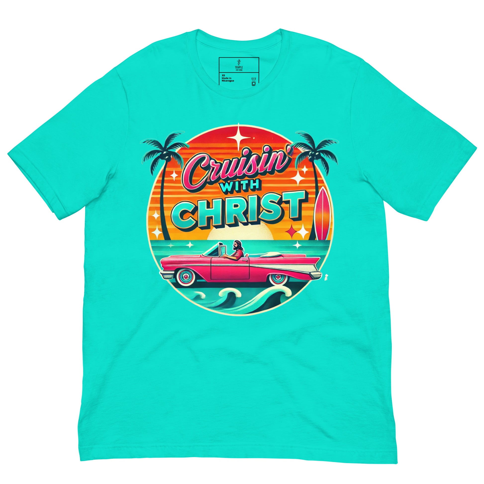 christian t-shirts with 'Cruisin' with Christ' design, front view, teal