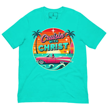 christian t-shirts with 'Cruisin' with Christ' design, front view, teal