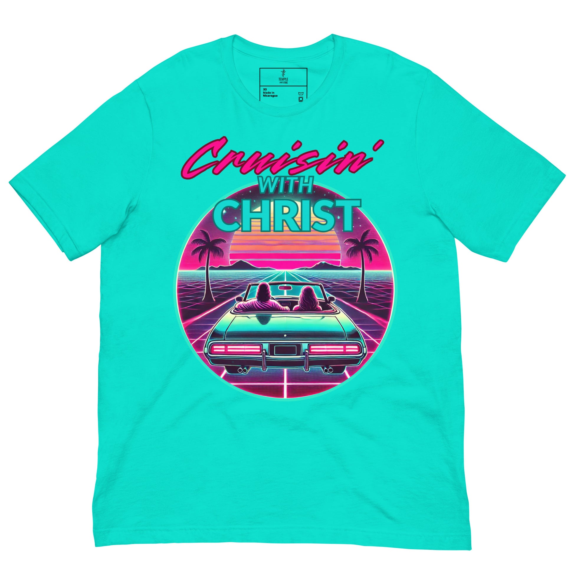 Christian t-shirt  'Cruisin' with Christ' graphic design featuring a car and palm trees. front, teal