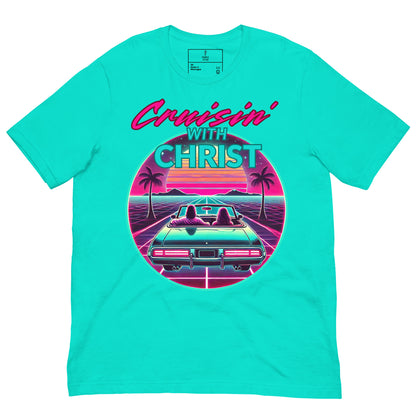 Christian t-shirt  'Cruisin' with Christ' graphic design featuring a car and palm trees. front, teal