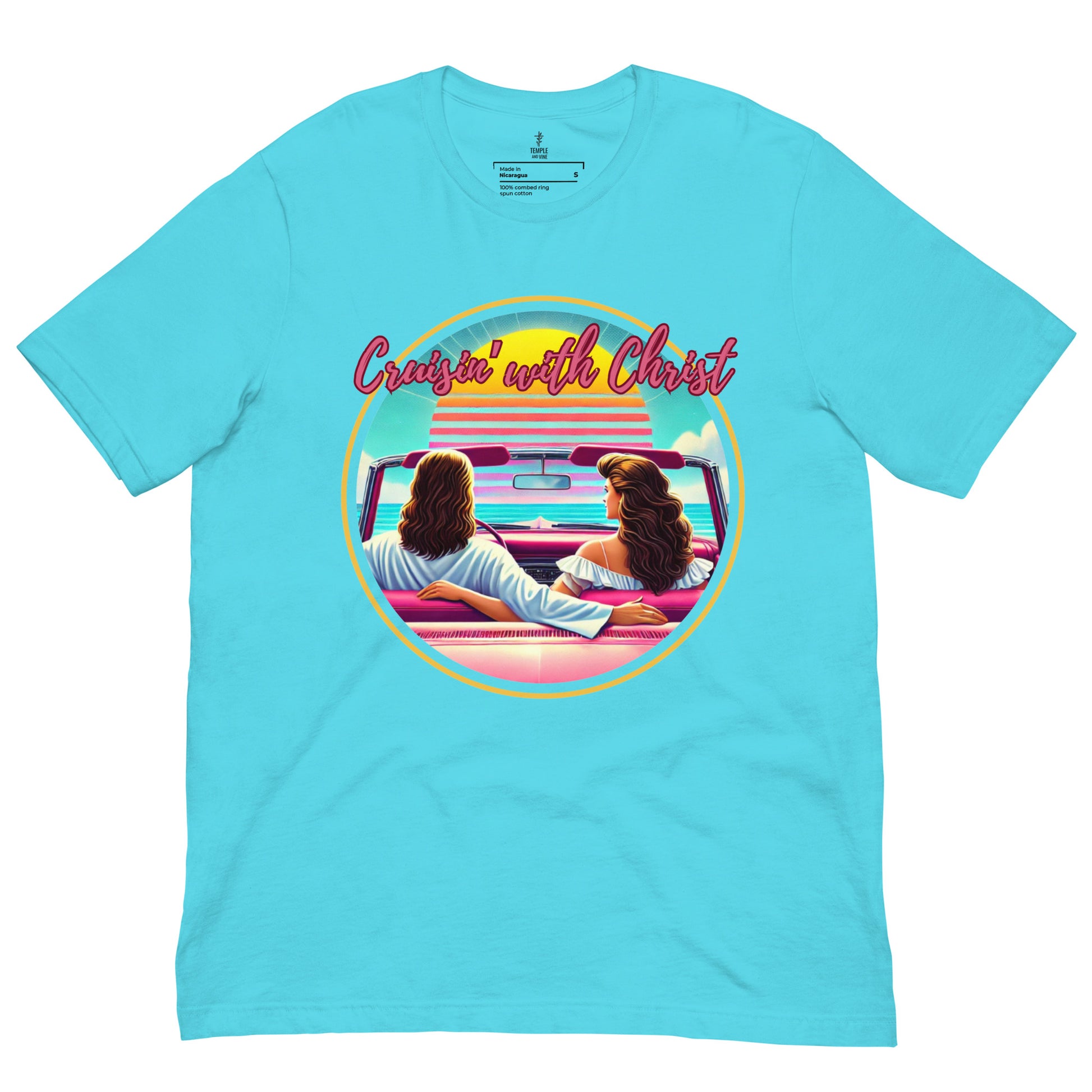 Cruisin' with Christ, Christian T-shirts, front view, turquoise