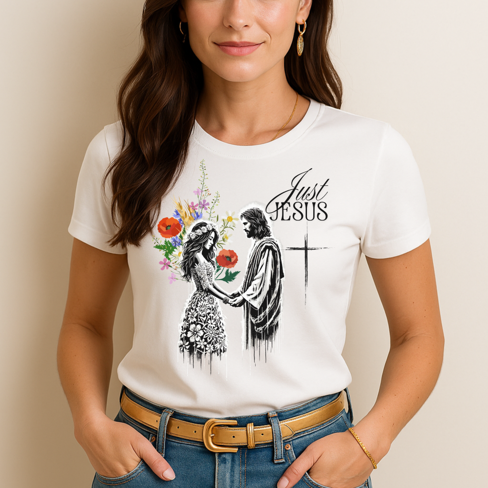 woman wearing a white christian t-shirt with 'All in for Jesus' design featuring religious figures. 
