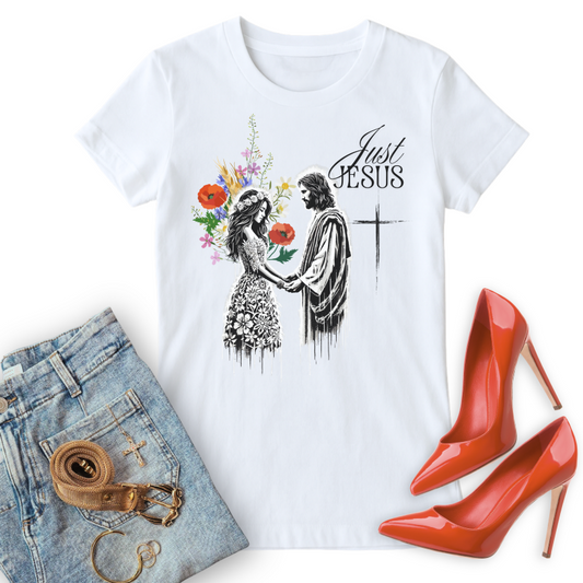 Just Jesus Christian T Shirt paired with jeans, gold accessories and orange heels
