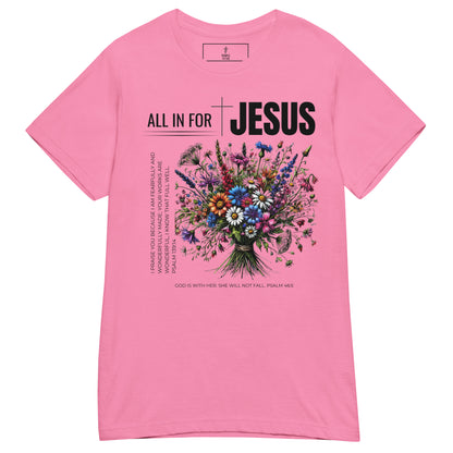 All in For Jesus Christian T Shirt, front view, pink