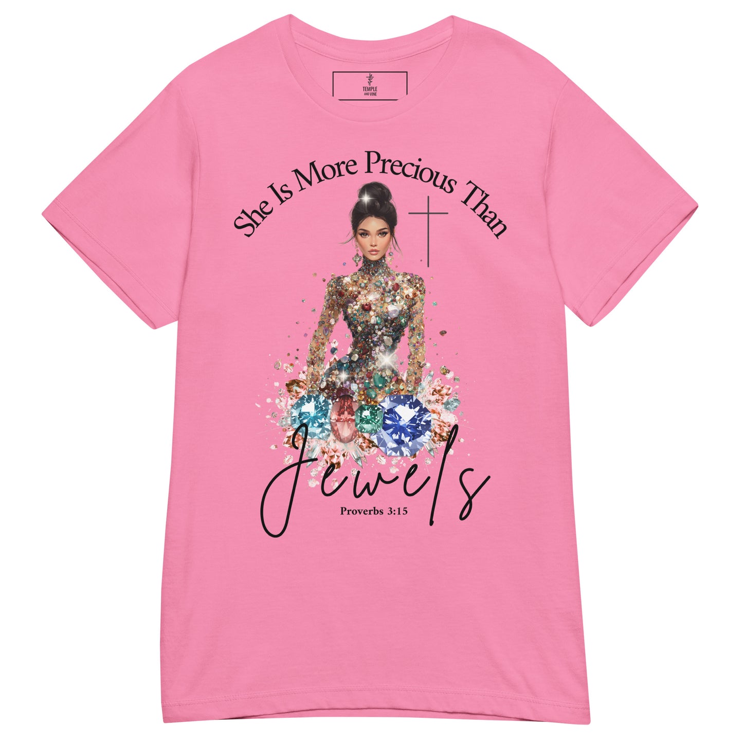 christian t-shirt, she is more precious than jewels, front view, pink