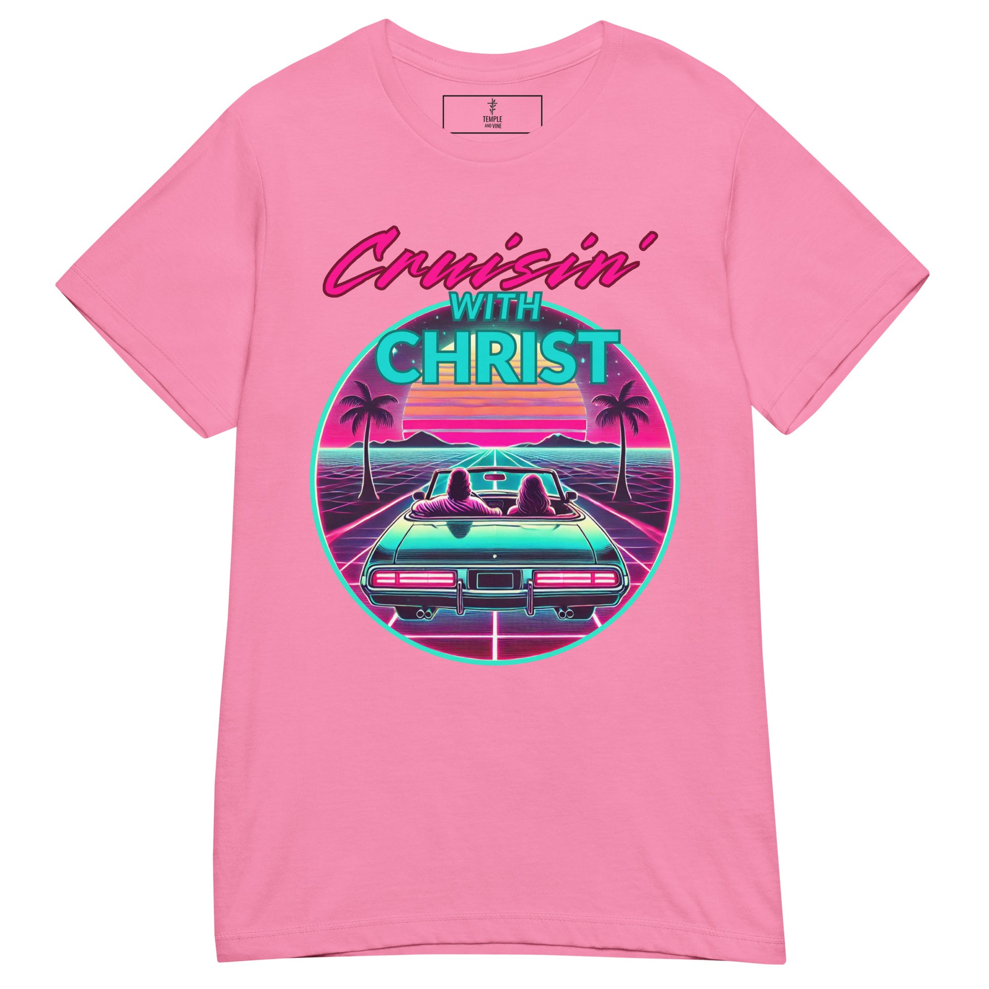 Cruisin' with Christ women's christian t shirt, pink, front view