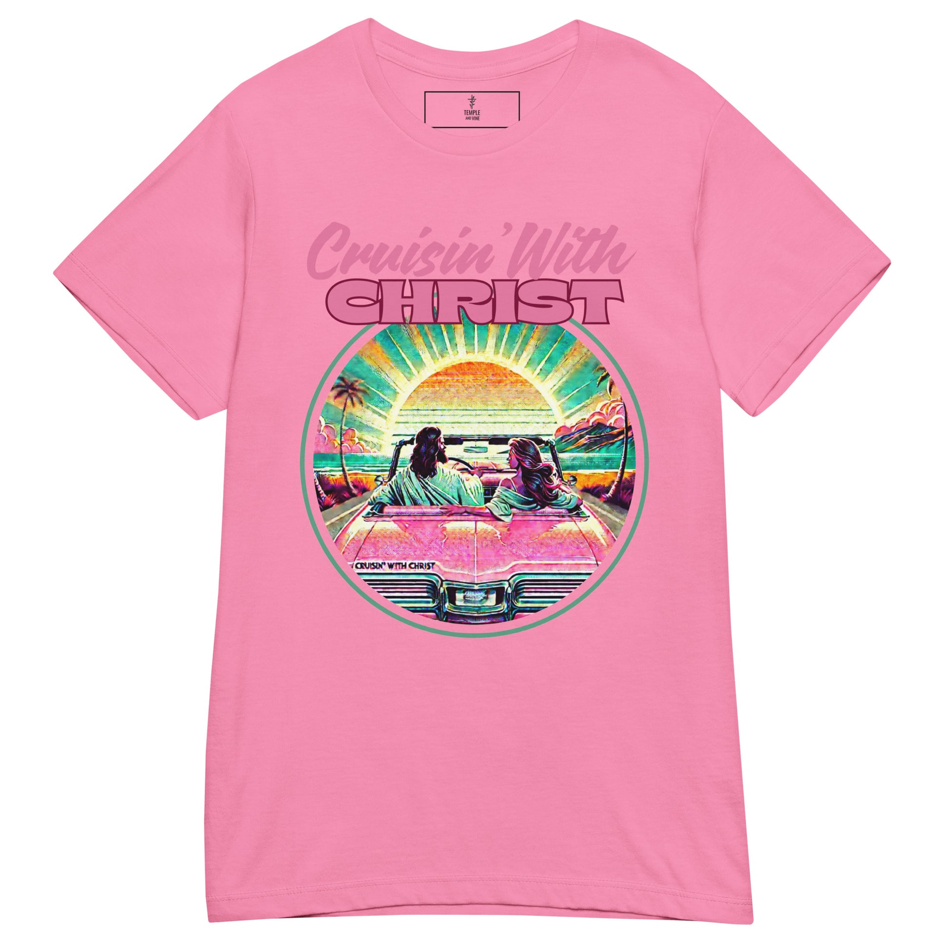 Cruisin' with Christ Christian T Shirt for women, pink, front view