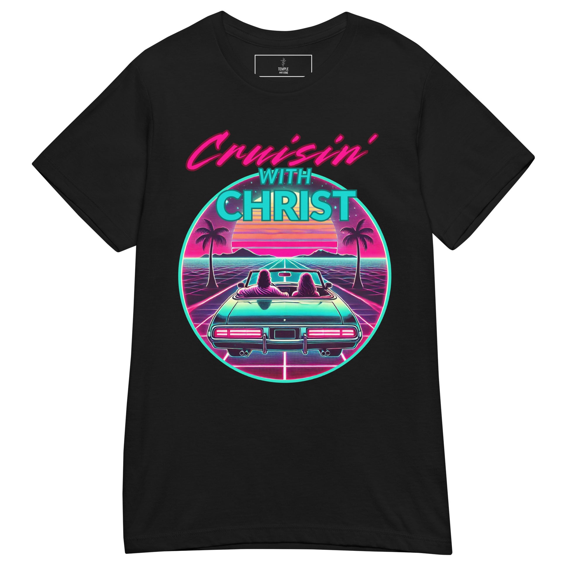 Cruisin' with Christ women's christian t shirt, black, front view.
