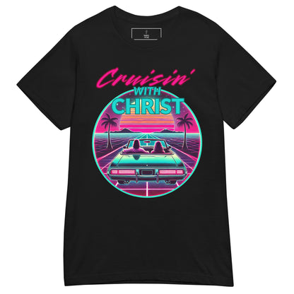 Cruisin' with Christ women's christian t shirt, black, front view.