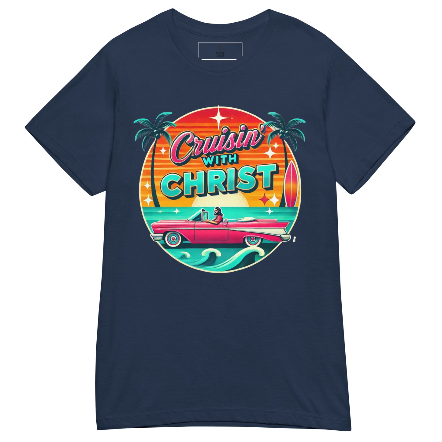 cruisin' with christ, christian t shirt, navy, front view