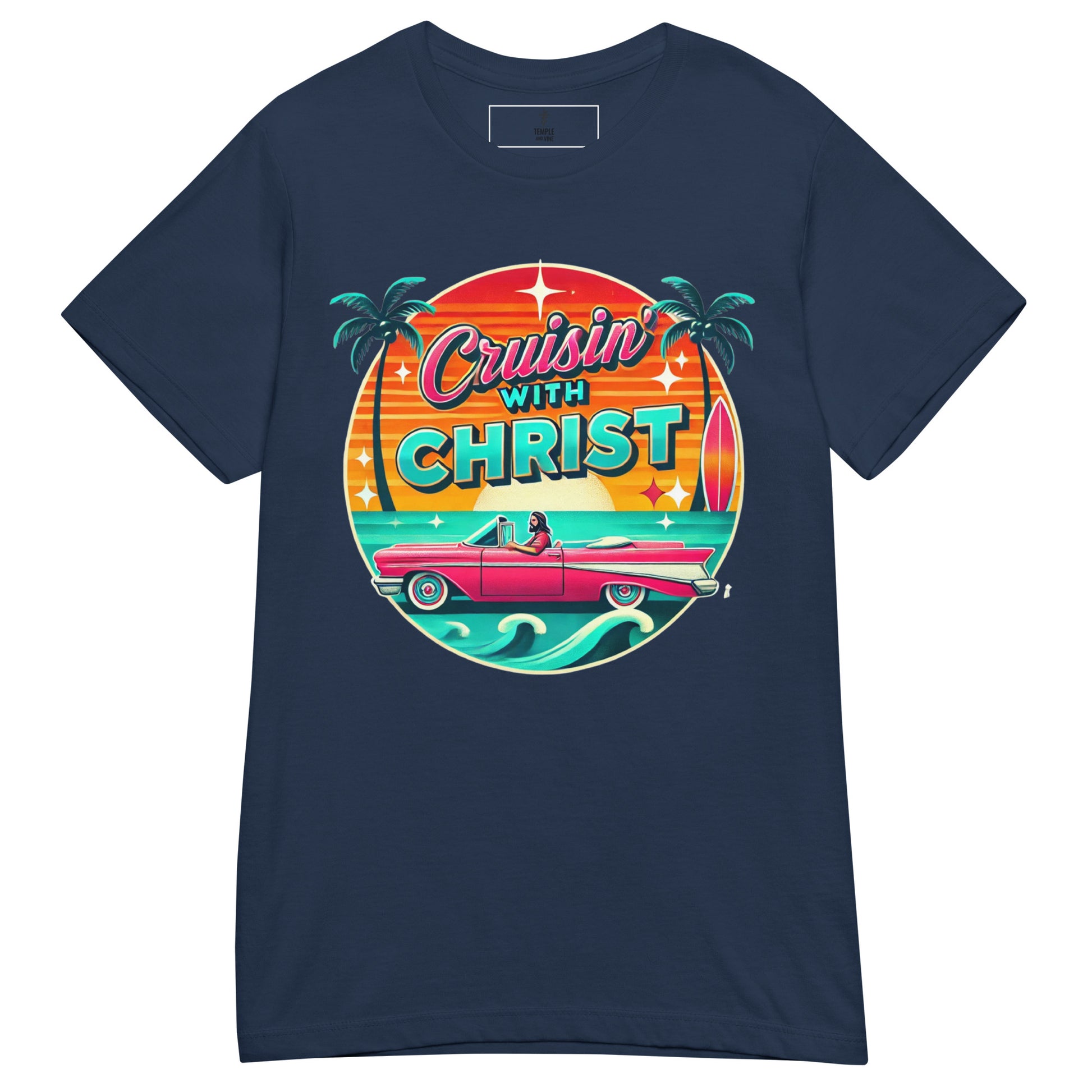 Cruisin' with Christ, Christian T shirt, navy, front view