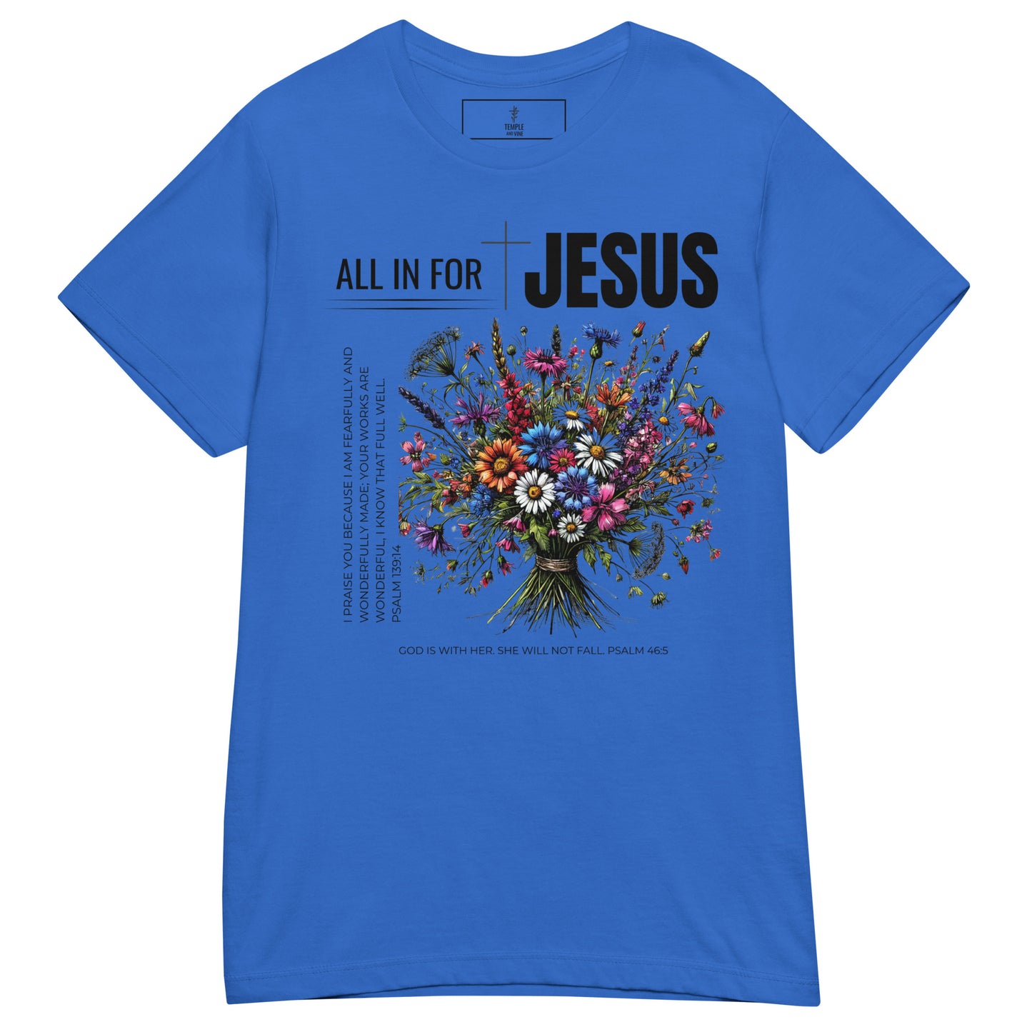 all in for jesus christian t shirt, front view, royal blue