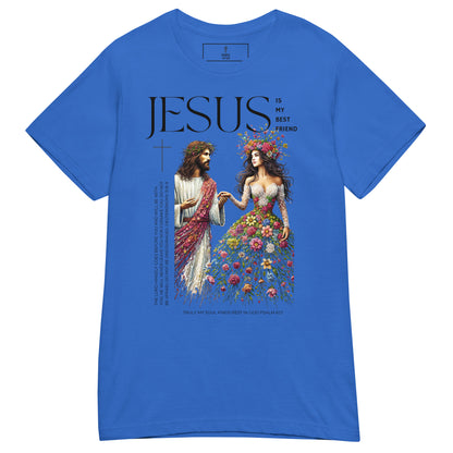 Jesus is my best friend. Christian T shirts, front view, royal blue.