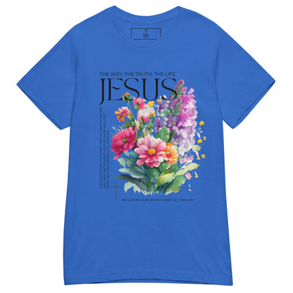The Way. The Truth. The Life. Christian T shirt. front view. royal blue.