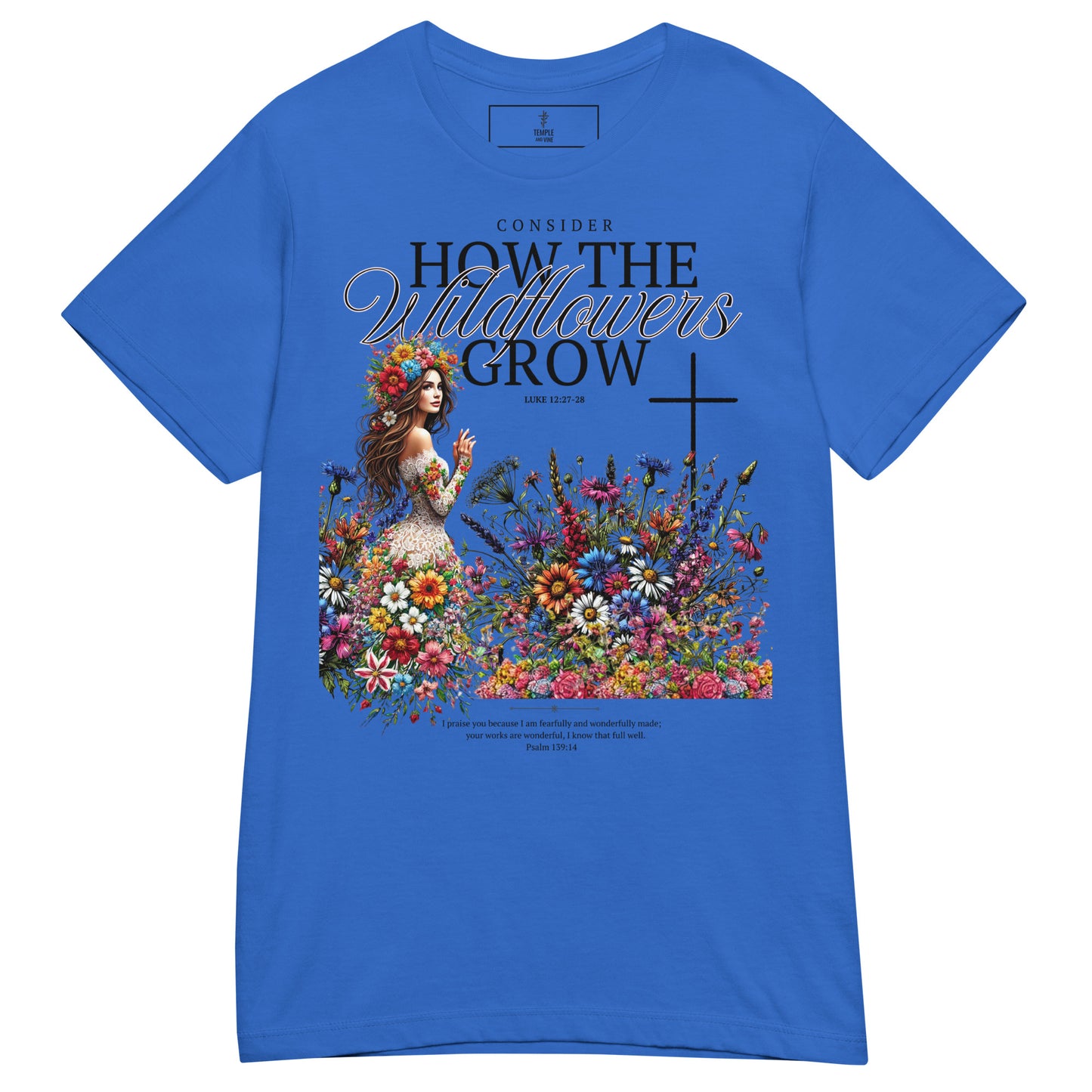 how the wildflowers grow christian t shirt, blue, front